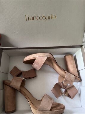 Franco Sarto Pink Blush Suede Block Heel Sandals with Bow Ankle Strap